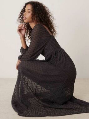 Free People Malina Maxi Dress M Medium Black Lace Midi Flowy Off Shoulder Square
